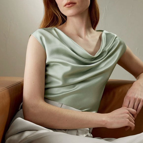 Lily Silk Charmeuse Cowl Neck Top In Aqua Green - Picture 3 of 4